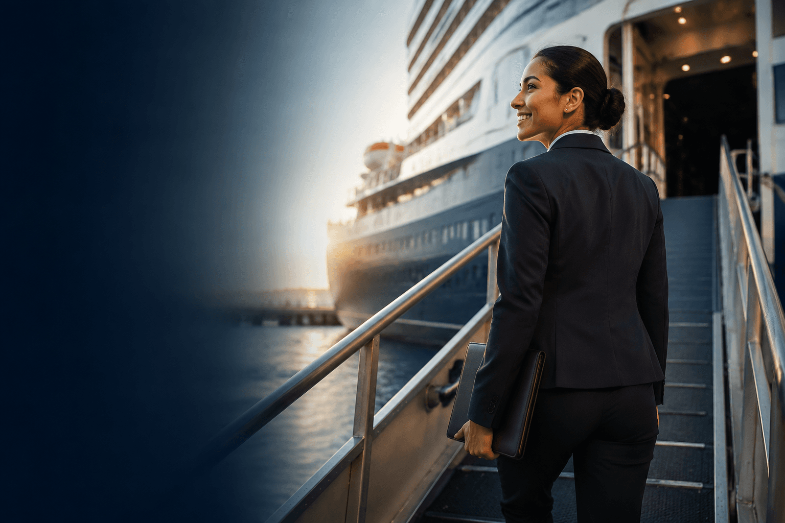 Candidate stepping onto a cruise ship gangway